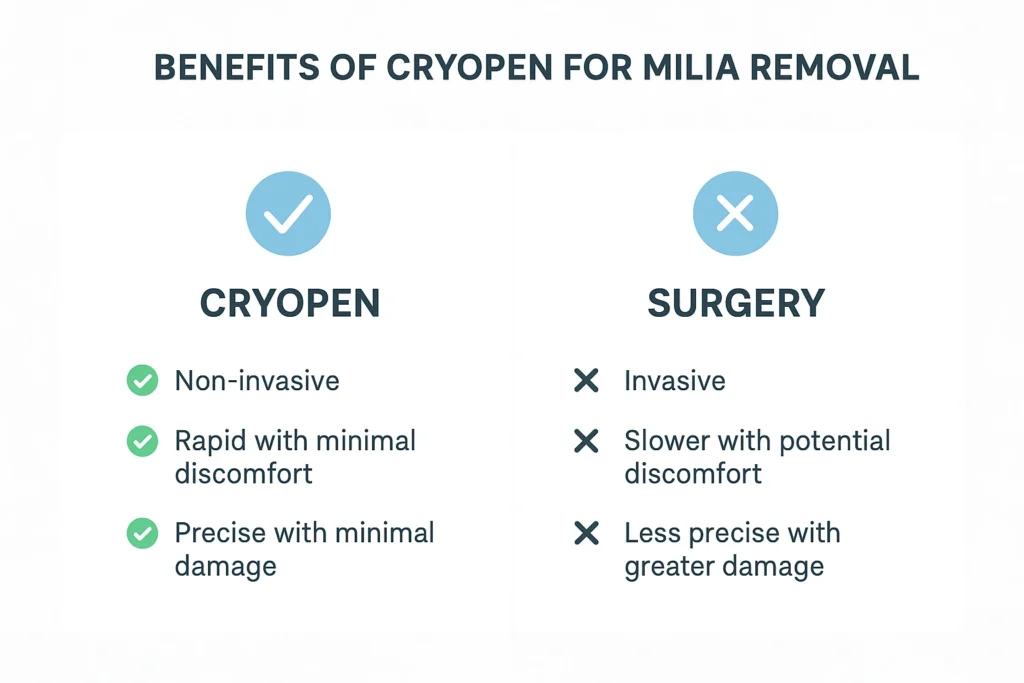 Benefits of cryopen for milia removal Kirkstall compared to surgical treatments.