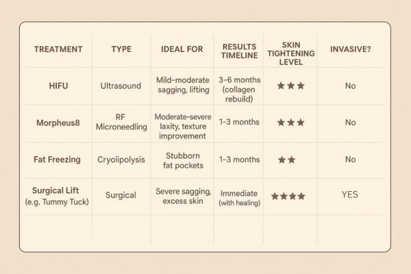 Table showing the comparisons of Skin tightening Kirkstall treatment options.